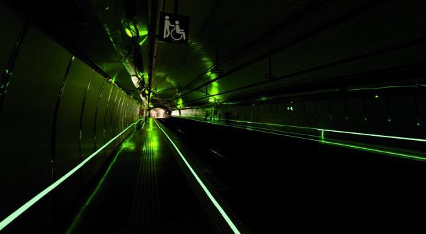 Glow in the dark safety systems train stations, ships, military shelters