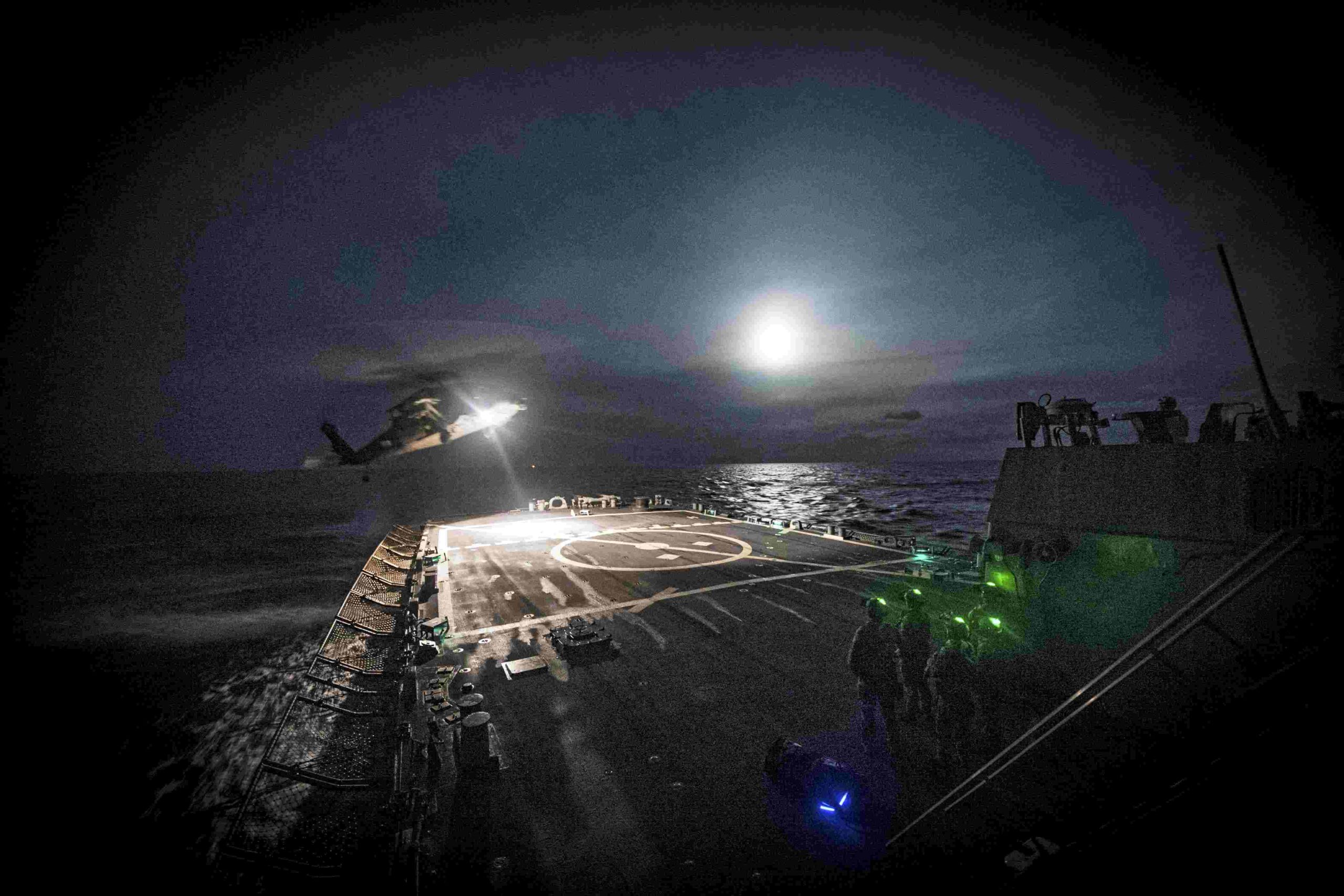 landing LED Lights (1) (1) LED landing lights on a flight deck carrier.