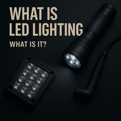 What is LED lighting visualized with a tactical LED flashlight and LED module on a dark background