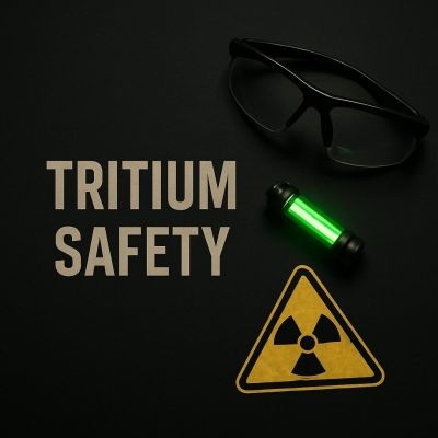 Tritium safety illustrated with safety glasses, glowing tritium vial, and radiation warning symbol on dark background