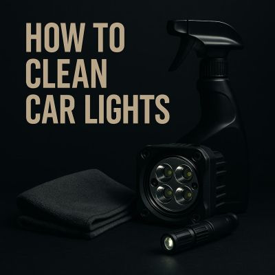 How to clean car lights shown with tactical LED headlight, microfiber cloth and non-transparent spray bottle on dark background