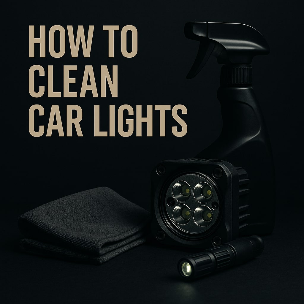 How to clean car lights shown with tactical LED headlight, microfiber cloth and non-transparent spray bottle on dark background