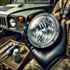 person cleaning vehicle lights of military vehicle