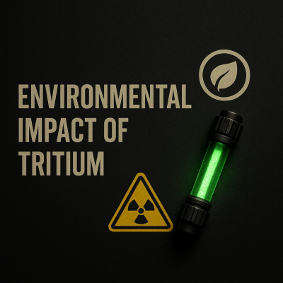 Environmental impact of tritium visualized with glowing green tritium vial, eco-icon, and radiation warning symbol on dark background