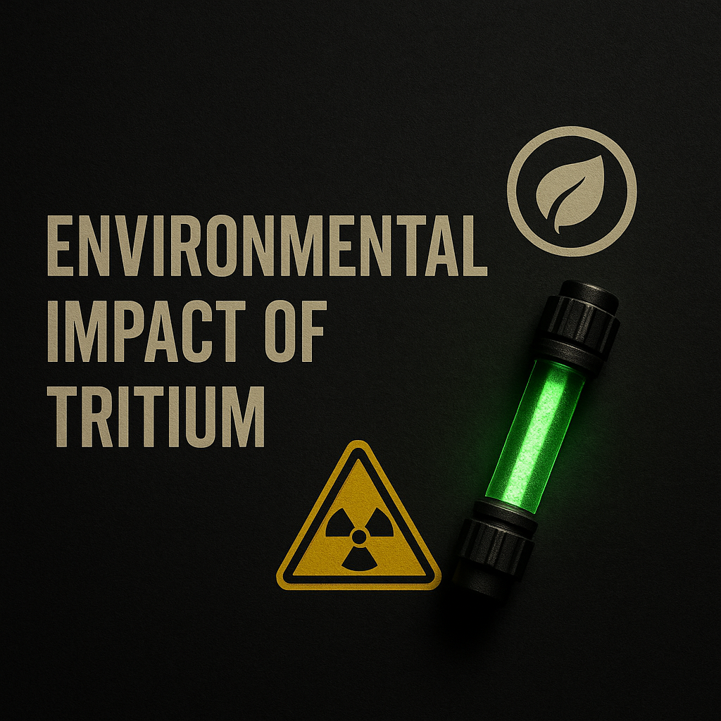 Environmental impact of tritium visualized with glowing green tritium vial, eco-icon, and radiation warning symbol on dark background