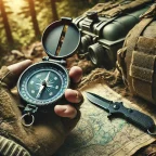 Soldier holding a compass next to a map