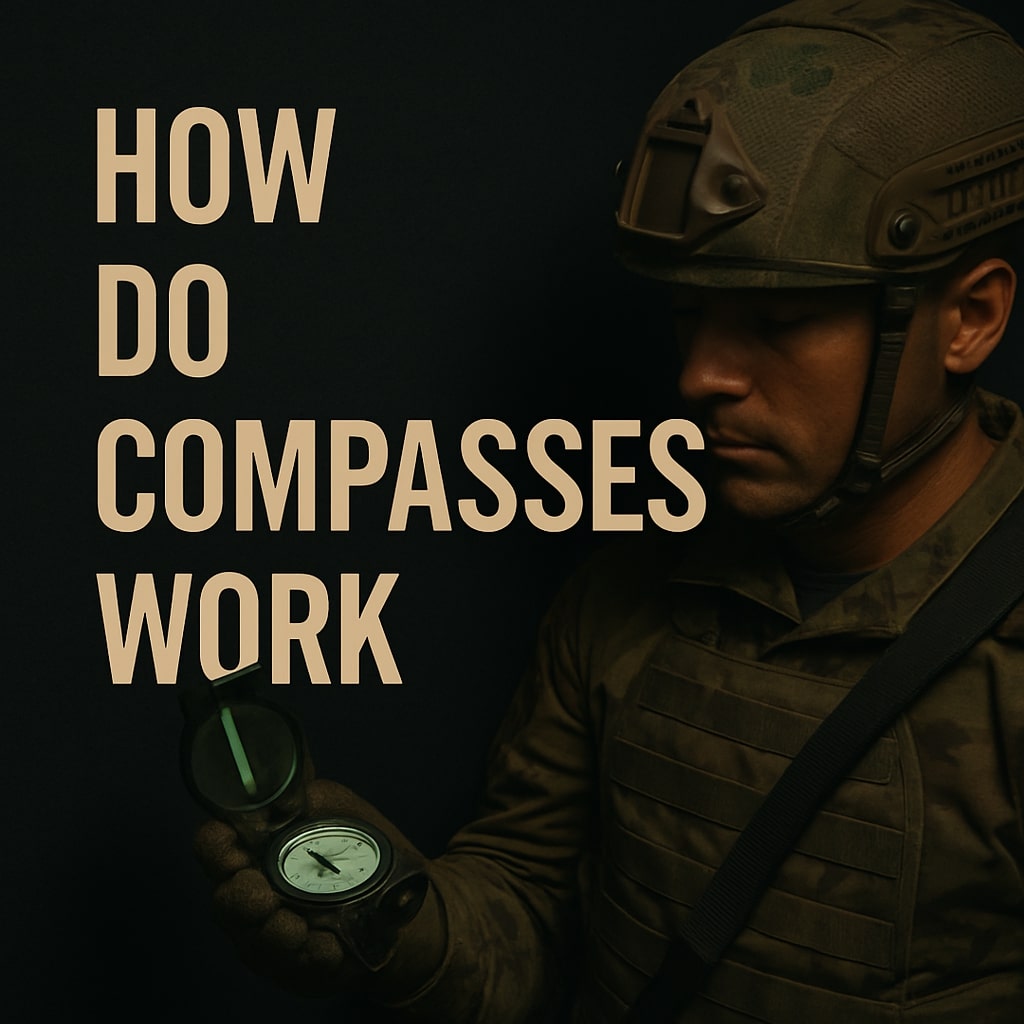 How compasses work illustrated with soldier holding military lensatic compass on dark tactical background