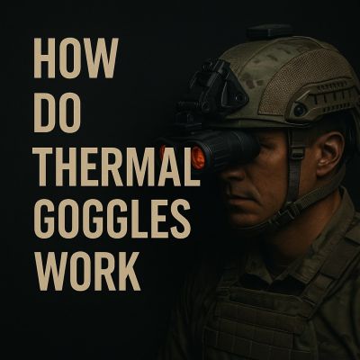 How thermal goggles work illustrated with soldier wearing helmet-mounted thermal imaging goggles on dark background