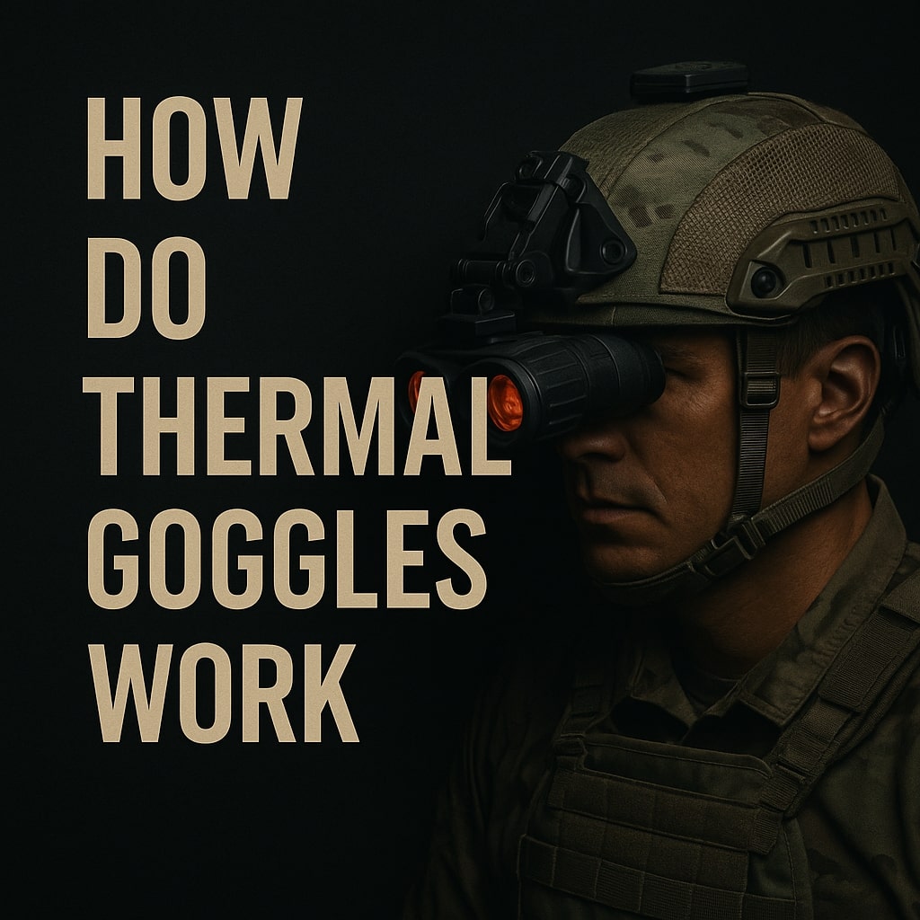 How thermal goggles work illustrated with soldier wearing helmet-mounted thermal imaging goggles on dark background