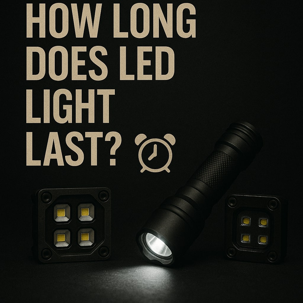 How long does LED light last visualized with tactical LED flashlight and LED modules on a dark background