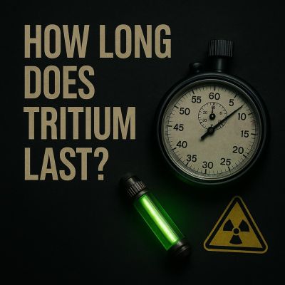 How long tritium lasts illustrated with glowing tritium vial, analog stopwatch, and radiation warning symbol on dark tactical background