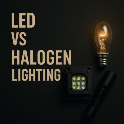 LED vs halogen lighting comparison with tactical LED module, flashlight, and glowing halogen bulb on dark background