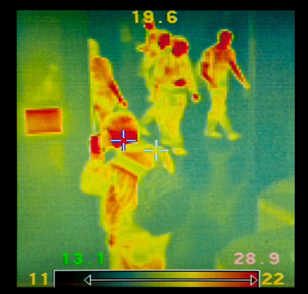 Thermal imaging showing people in red