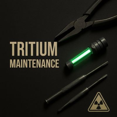 Tritium maintenance illustrated with glowing tritium vial, precision tools, and radiation warning symbol on dark tactical background