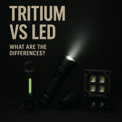 Tritium vs LED comparison featuring glowing tritium marker and tactical LED lights on a dark background