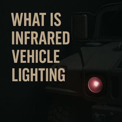 Infrared vehicle lighting illustrated with tactical military vehicle featuring glowing IR headlight on dark background