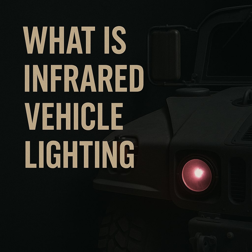 Infrared vehicle lighting illustrated with tactical military vehicle featuring glowing IR headlight on dark background