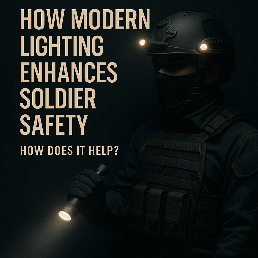 Modern military lighting enhancing soldier safety shown with tactical operator holding rifle-mounted light