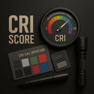 CRI score illustrated with color rendering gauge, CRI calibration card and tactical flashlight on dark background