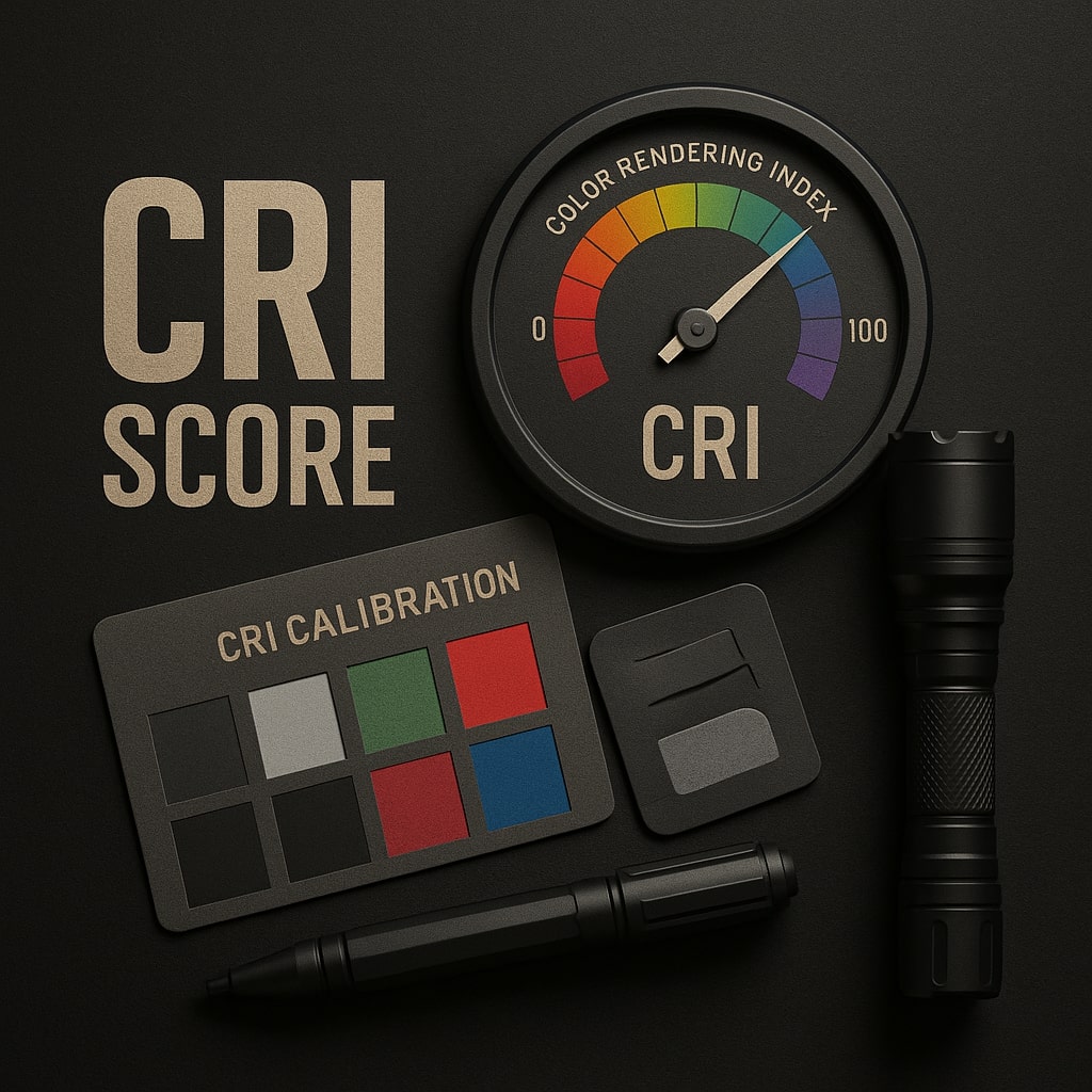 CRI score illustrated with color rendering gauge, CRI calibration card and tactical flashlight on dark background