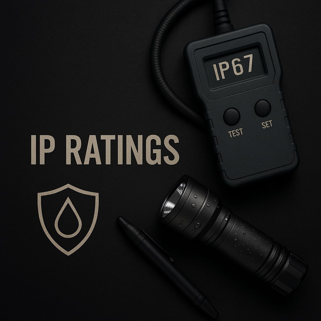 IP ratings illustrated with IP67 test device, waterproof tactical flashlight with water droplets, and protection icon on dark background