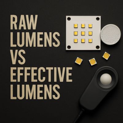 Raw lumens vs effective lumens illustrated with LED emitter board, loose LED chips, optical lens and light meter on dark background