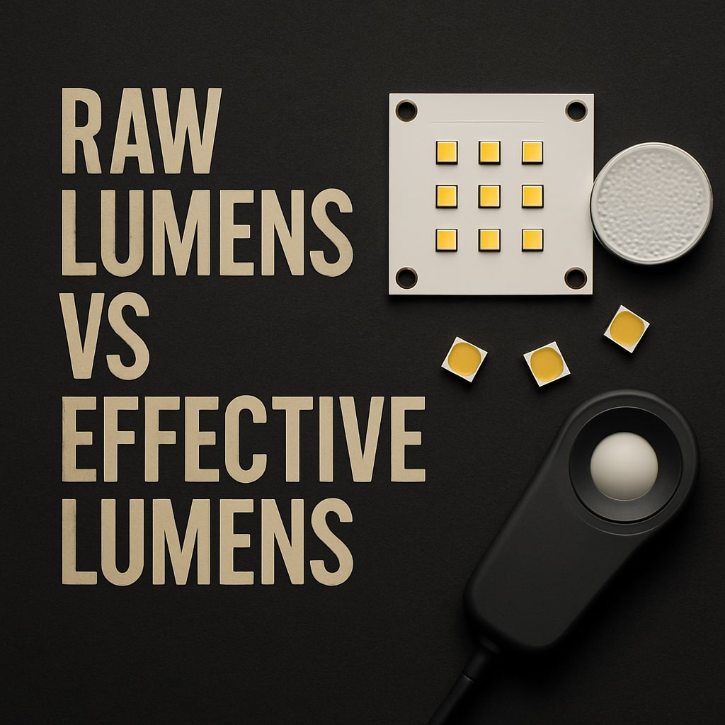 Raw lumens vs effective lumens illustrated with LED emitter board, loose LED chips, optical lens and light meter on dark background