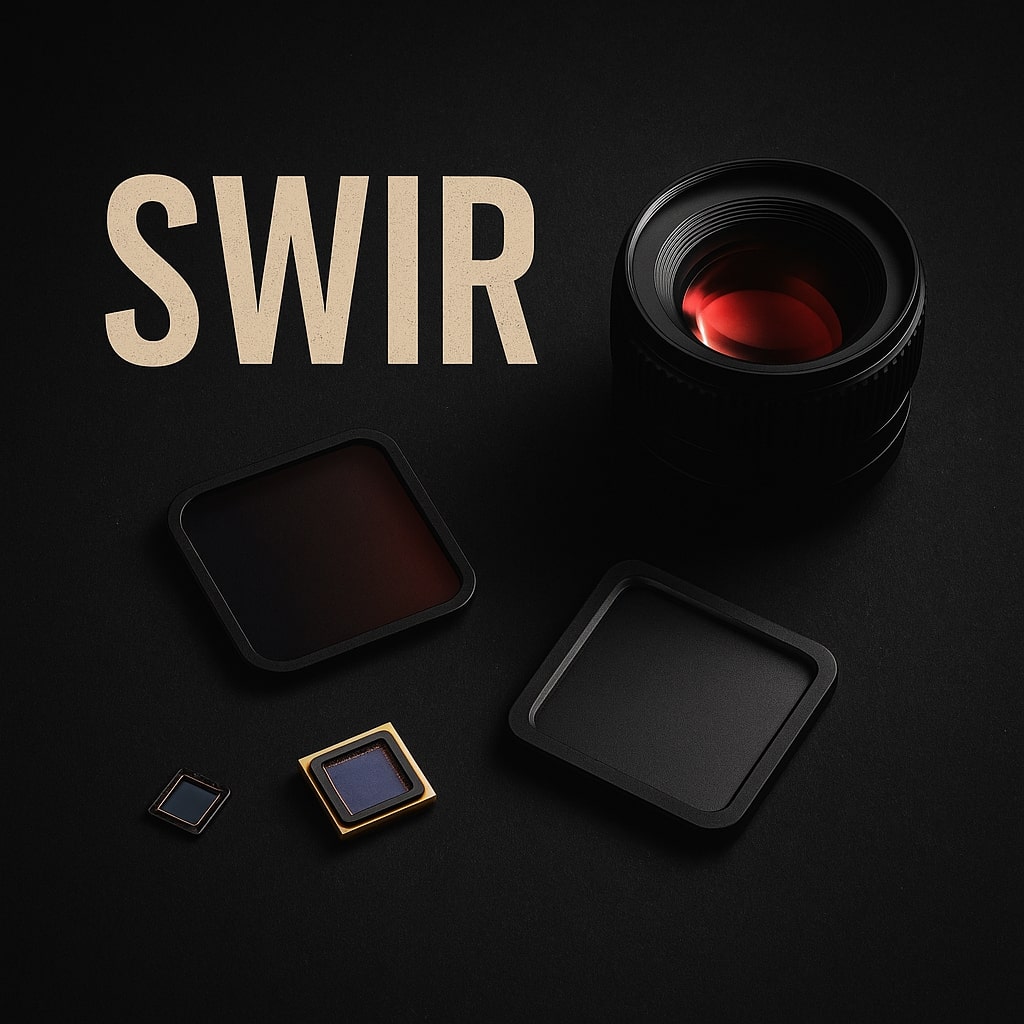 SWIR technology illustrated with infrared lens, SWIR filters and sensor chips on dark background