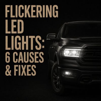 Featured image for “Flickering LED Lights: 6 Causes & Fixes” showing a dark pickup truck with headlights