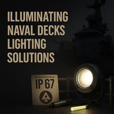 Naval deck lighting solutions illustrated with rugged marine LED deck light, IP67 plate and naval ship silhouette on dark background