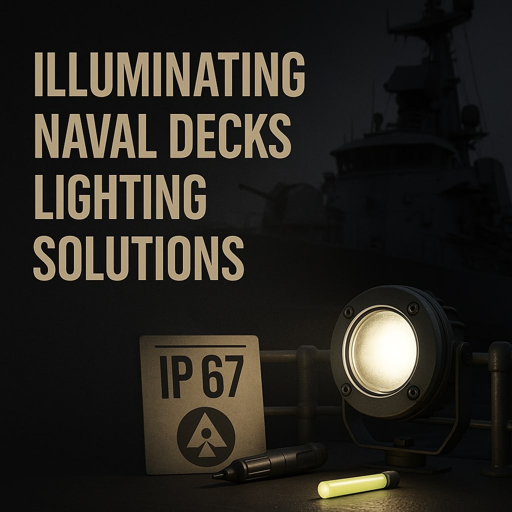 Naval deck lighting solutions illustrated with rugged marine LED deck light, IP67 plate and naval ship silhouette on dark background
