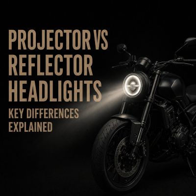 Motorcycle with projector-style headlight and beam beside “Projector vs Reflector Headlights” title.