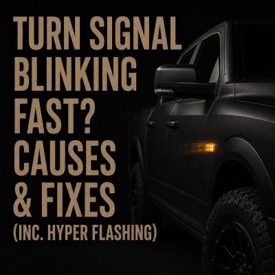 eatured image for “Turn Signal Blinking Fast? Causes & Fixes (Inc. Hyper Flashing)” showing a dark pickup truck with an amber side turn signa