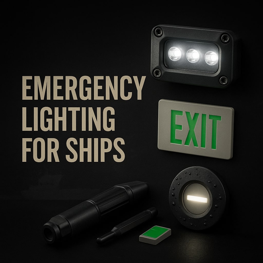 Emergency lighting for ships shown with marine LED fixture, exit sign, recessed deck light and photoluminescent marker on dark background