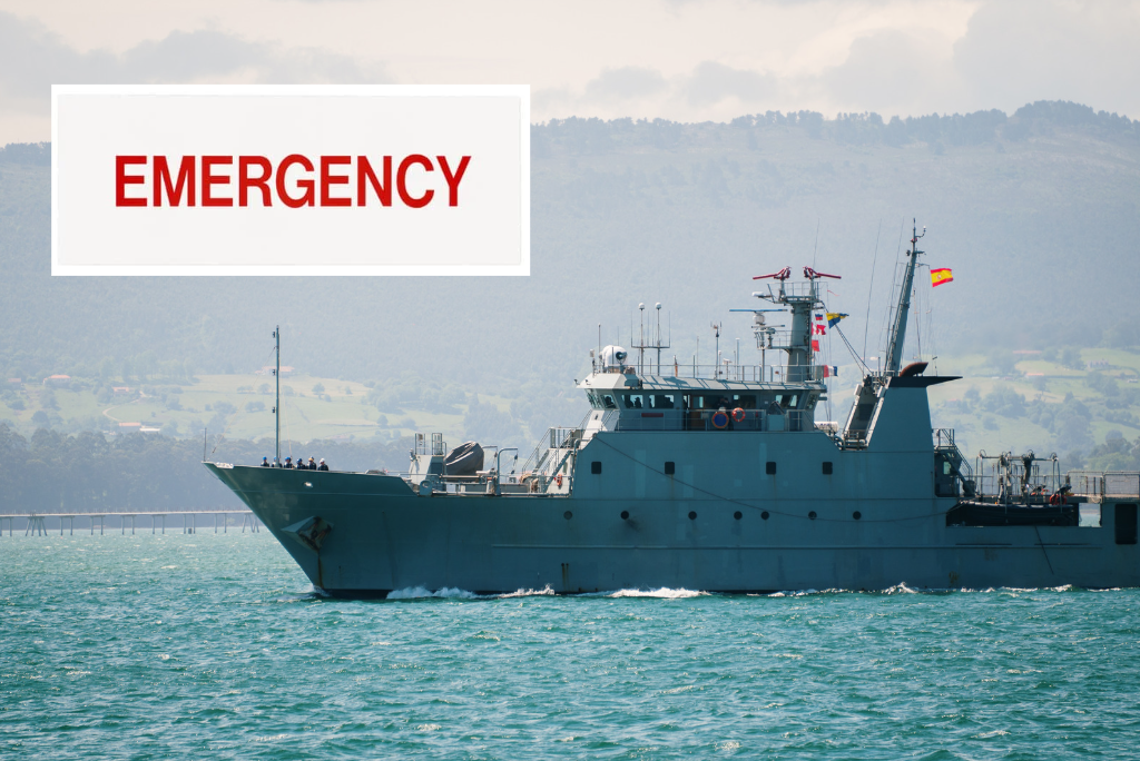 Navy ship with emergency sign