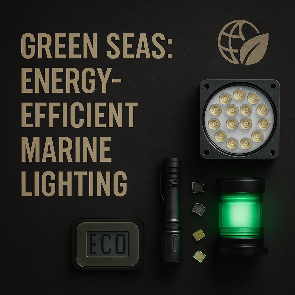 Energy-efficient marine lighting shown with LED module, green navigation light, eco icon and small LED chips on dark background