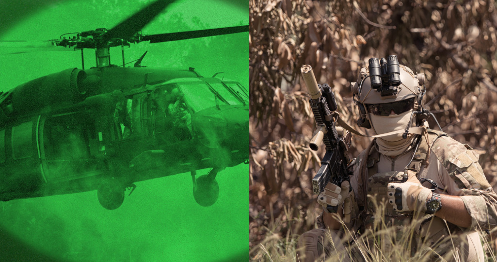 A soldier using infrared lighting to spot helicopter