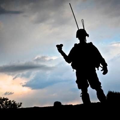 A soldier wearing a communication backpack