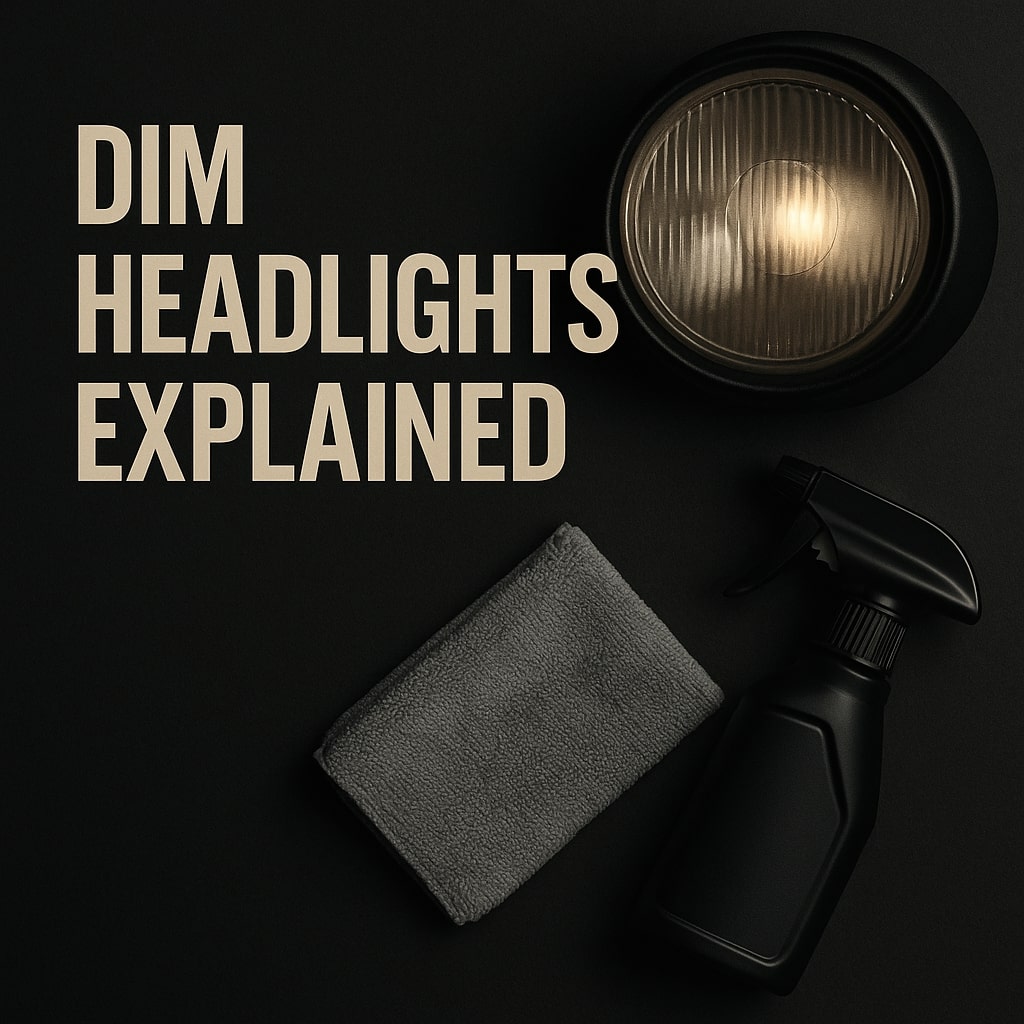 Dim headlights explained with faded vehicle headlight, microfiber cloth, and cleaning spray on dark background