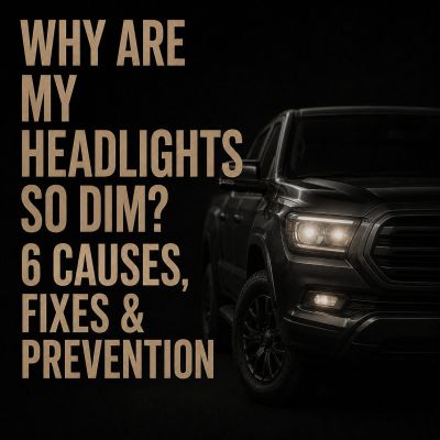 Dark pickup truck with dim headlights beside large text reading “Why are my headlights so dim? 6 causes, fixes & prevention.”