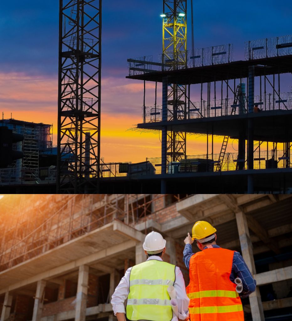 A worksite illuminated by worklights