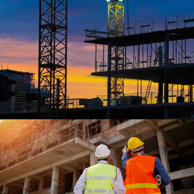A worksite illuminated by worklights