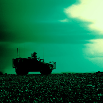 An armored vehicle seen with night vision