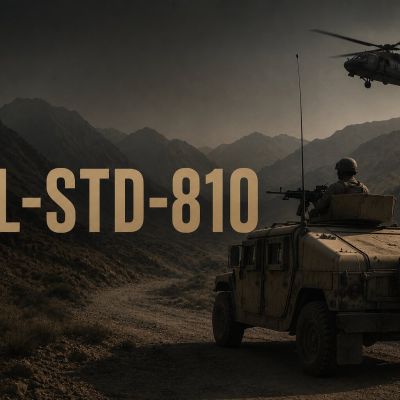 MIL-STD-810 military vehicle in rugged terrain with helicopter overhead.