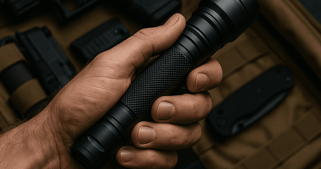 Man holding a military flashlight
