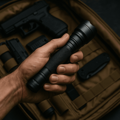 Man holding a military flashlight