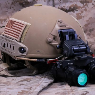 Helmet with night vision goggles attached