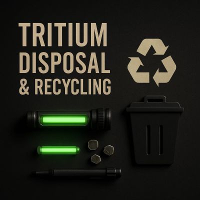 Tritium disposal and recycling illustrated with glowing tritium vials, small metal components and waste bin icon on dark background