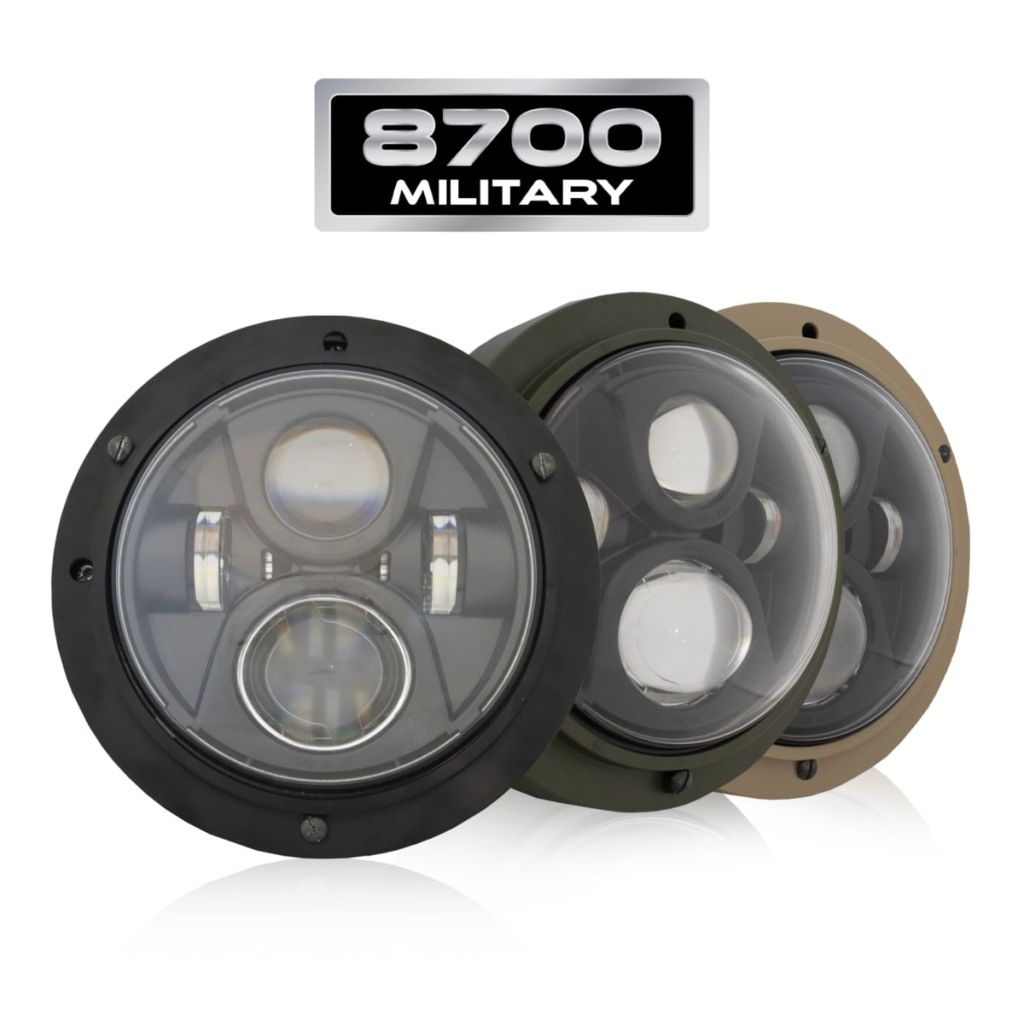 The Model 8700 Military Headlight is a top-tier 7-inch round LED headlamp designed specifically for defense, tactical, and specialty vehicles. Built from the proven platform of the 8700 EVO 2, this heavy-duty version is rugged, road-legal, and ready for extreme conditions. Whether you are upgrading a Humvee, MRAP, JLTV, or any vehicle that uses a standard 7″ round (PAR56) headlight, this military-grade LED delivers high-performance visibility, durability, and reliability.
This headlight is engineered to resist shock, vibration, harsh weather, and environmental stress. It is sealed to an IP67 rating for dust and water protection, and meets FMVSS 108 standards to ensure legal on-road performance. With multiple bucket color options, high-beam enhancements, and precision optics, the Model 8700 Military Headlight is an exceptional upgrade for both combat and support applications.