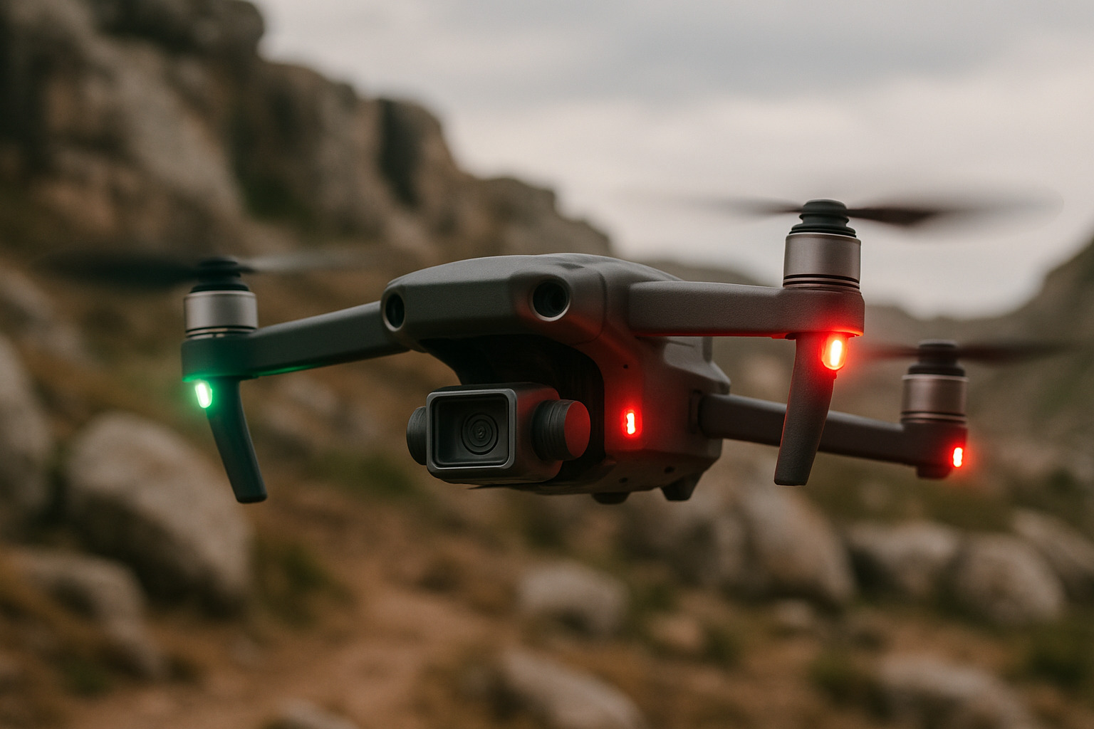 Drone in mountain scene with anti collision lights equipped